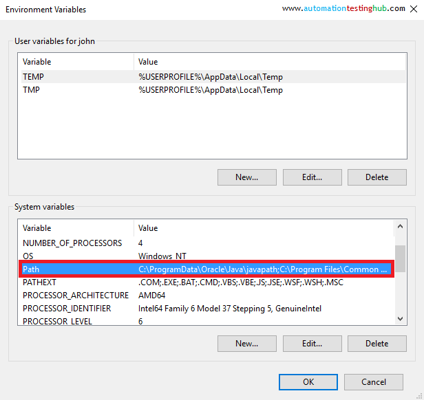 Environment Variables Window