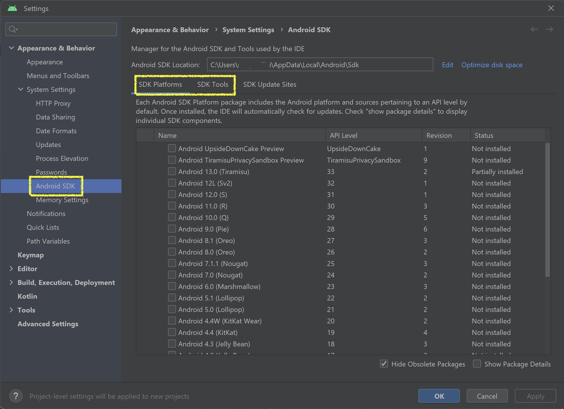 Default Settings - Android SDK option selected