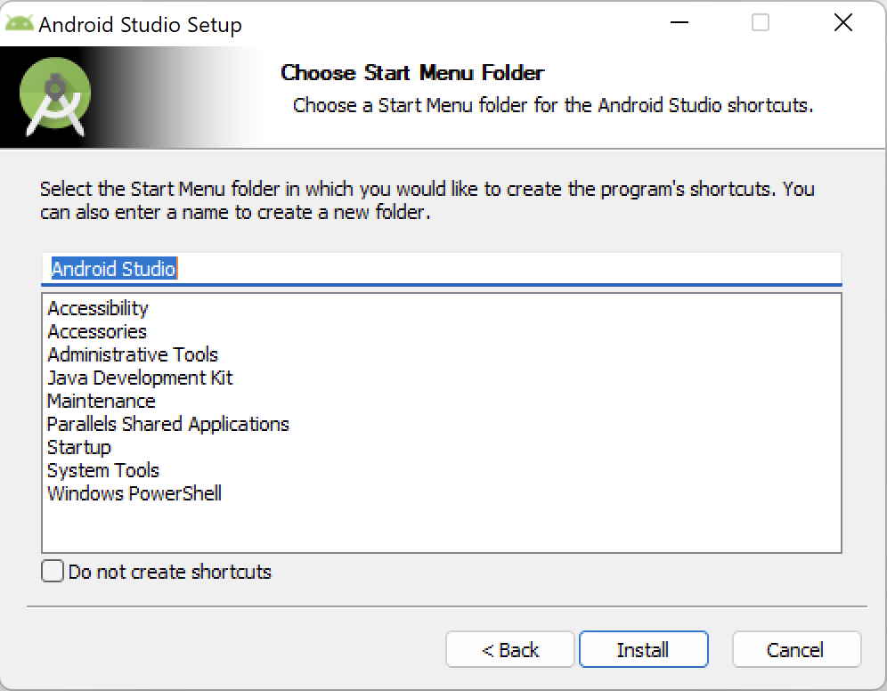 Android Studio - Choose Start Menu folder