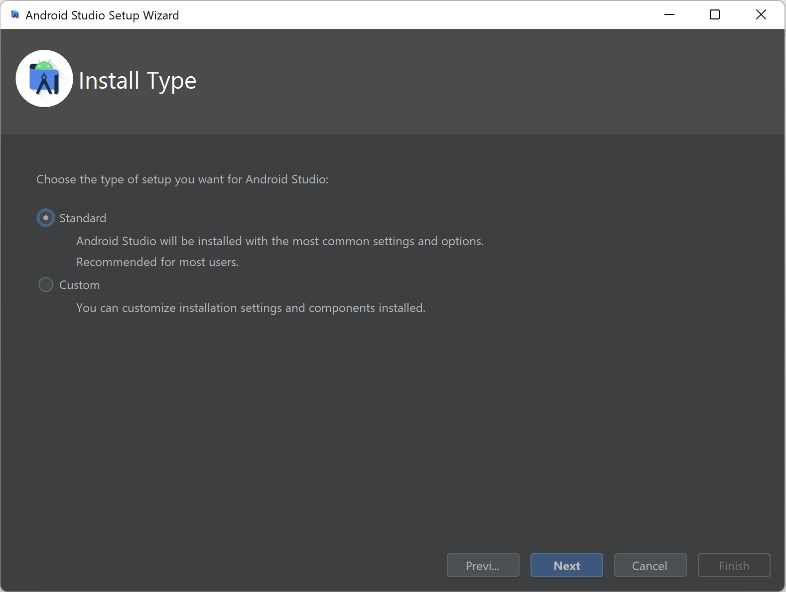 Install Type screen - Android Studio