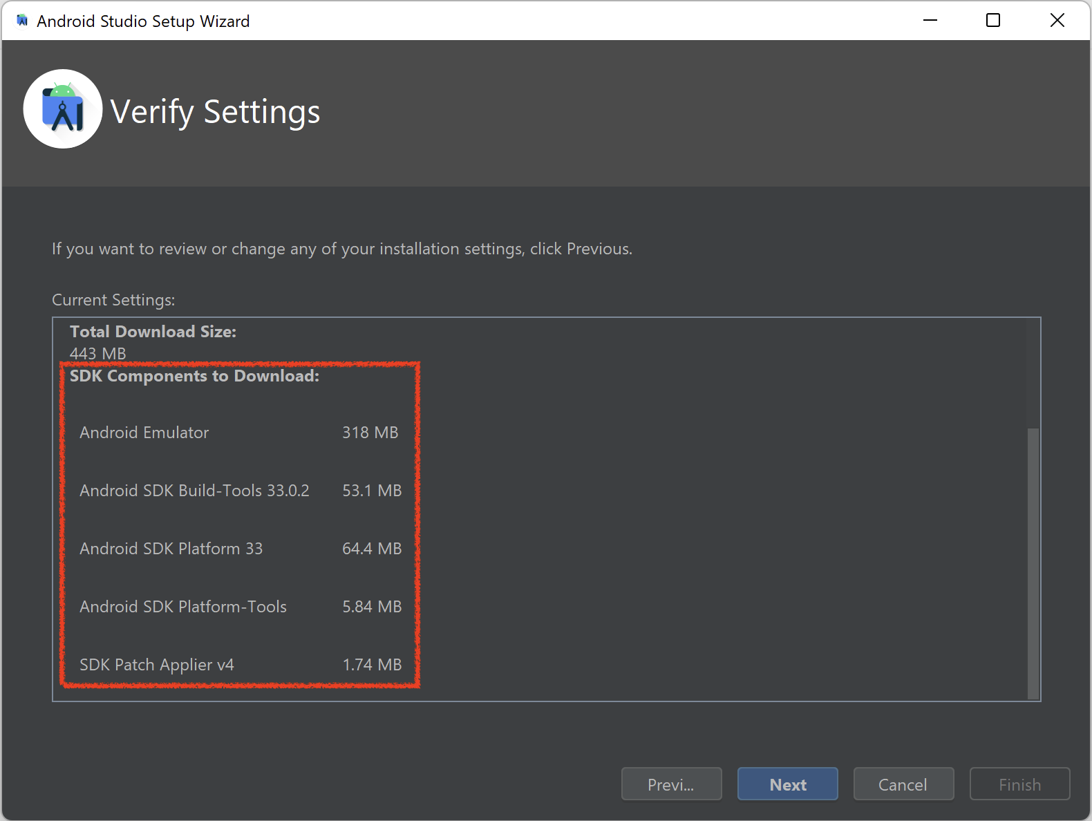 Verify Settings screen - Android Studio