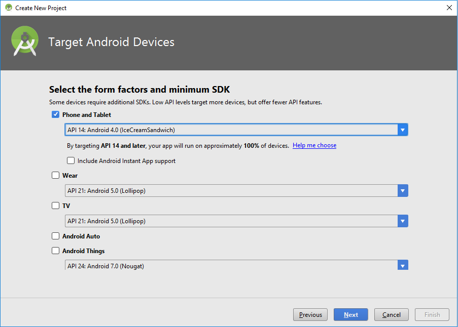 Target Android Devices - Create New Project