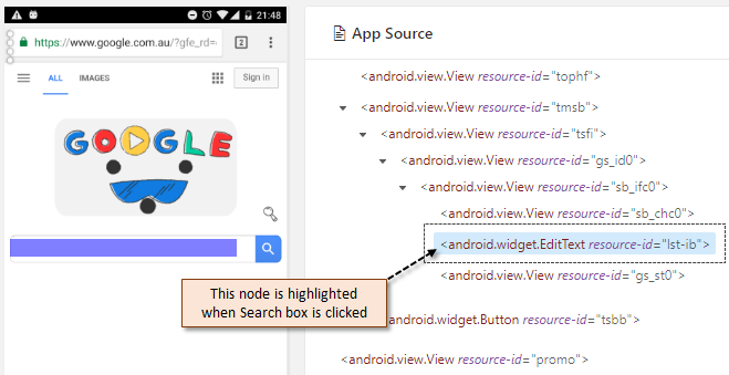 App Source node for Google search box