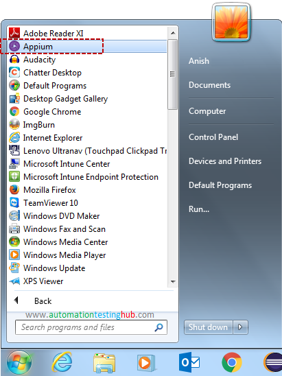Appium Desktop app in Start - All Programs