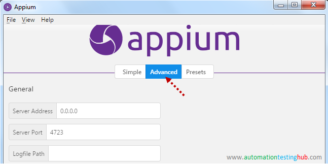 Open Advanced tab in Appium Desktop