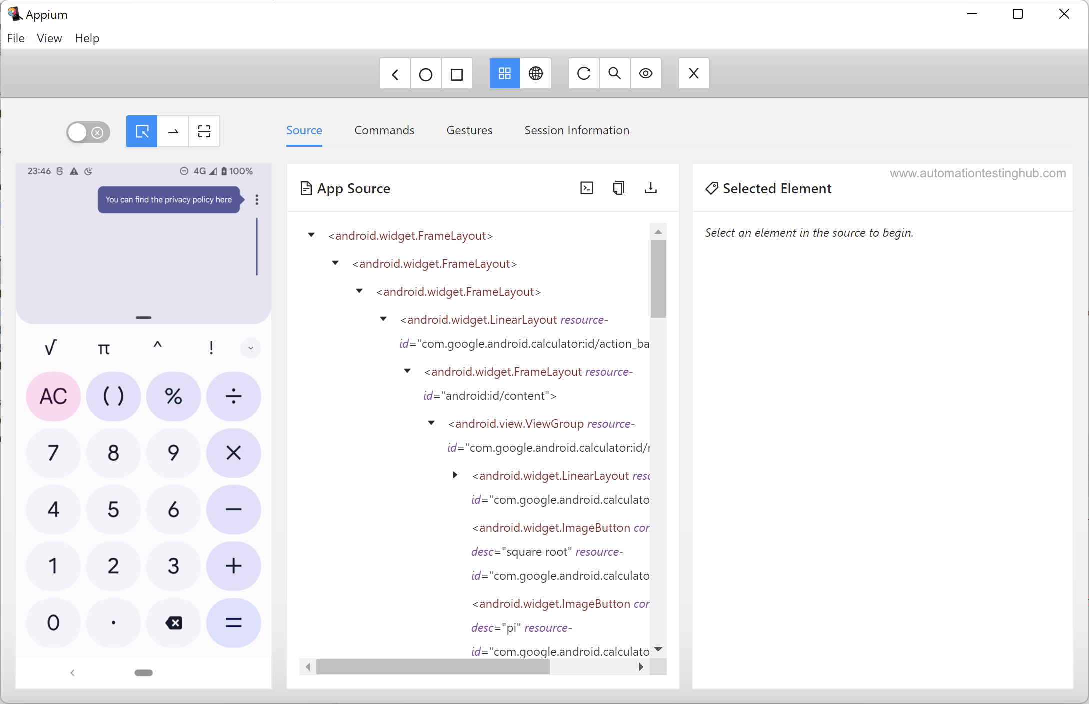 Appium Inspector Tutorial - Appium Session Started