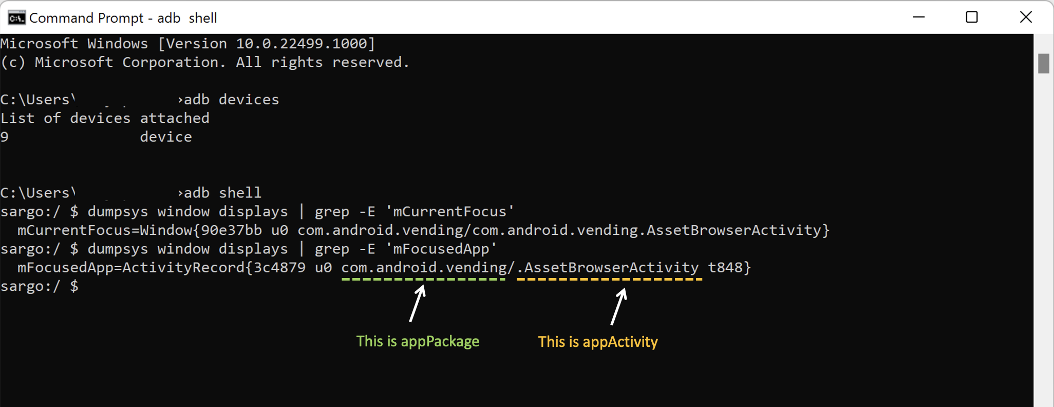 using command mFocusedApp to find appPackage and appActivity