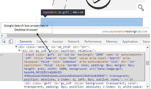 Google Search box properties in Desktop browser