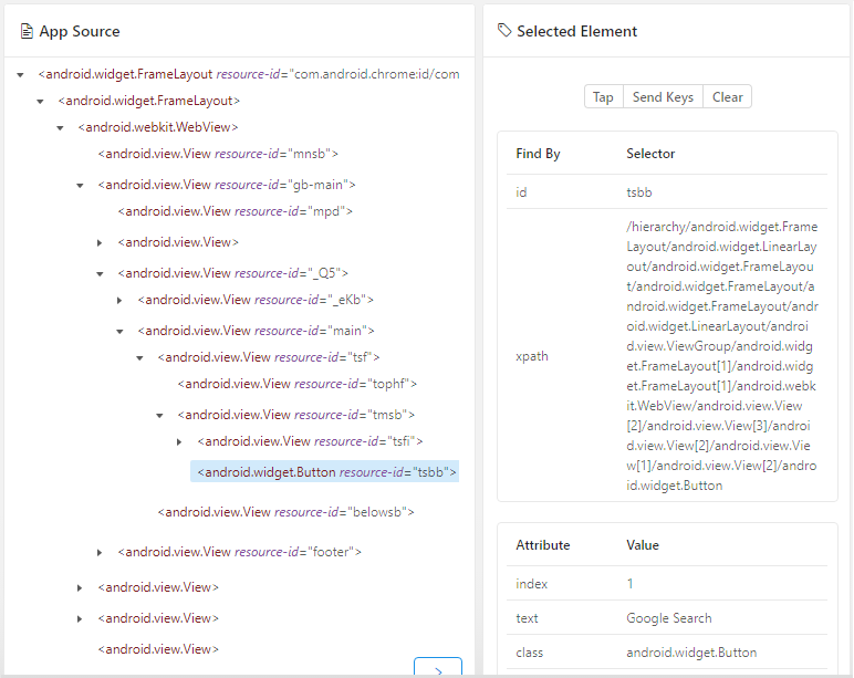 Google Search button properties in Appium Destop Inspector