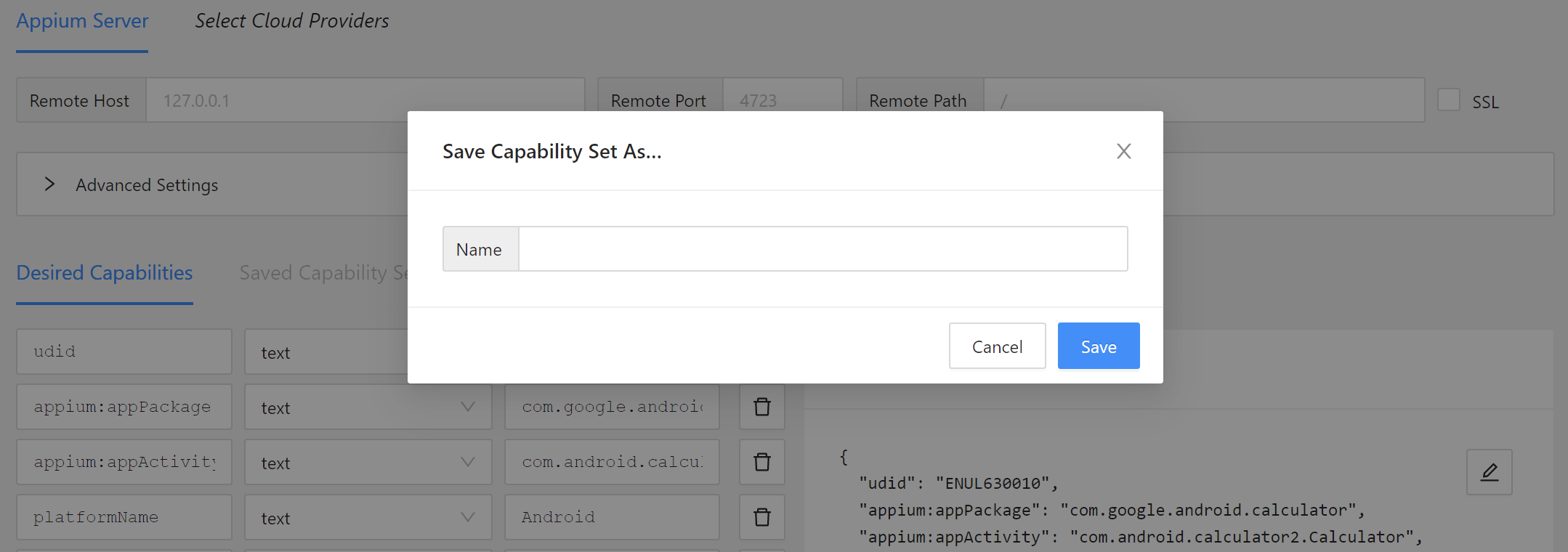 Appium Inspector Tutorial - Save Capability Set As... popup