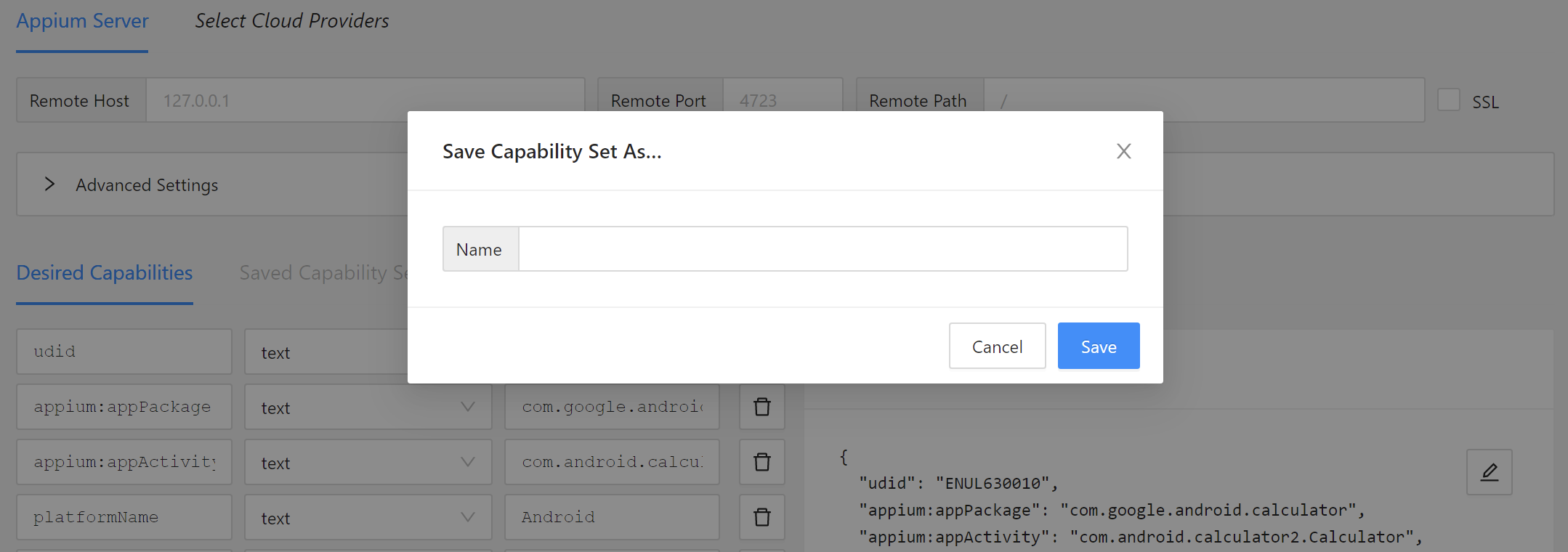 Appium Desktop - Save Capability Set As... popup