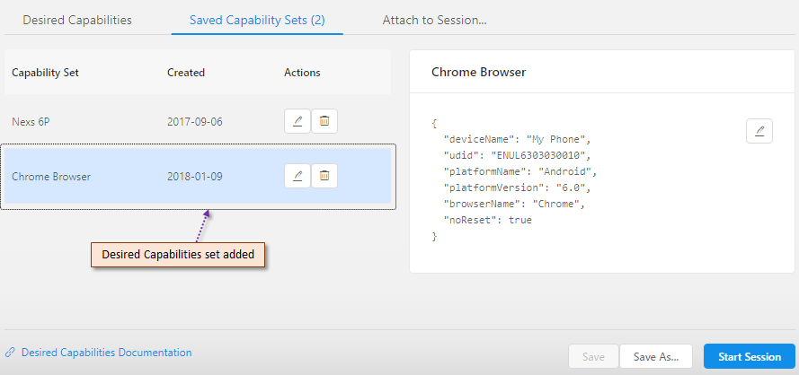 Saved Capability Set section for mobile browser- Appium Desktop