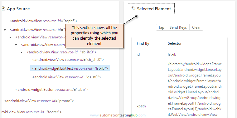 Selected Element section in Appium Desktop Inspector