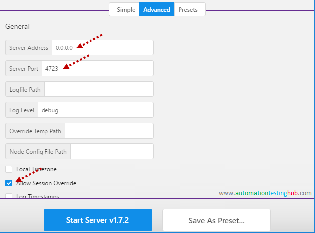 Appium Desktop Advanced tab - Server Address, Port and Allow Session Override