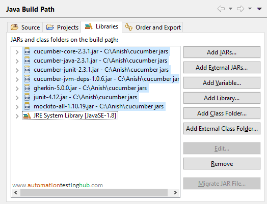 Cucumber jars in Libraries tab
