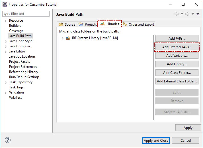 Libraries tab - click on Add External Jars button
