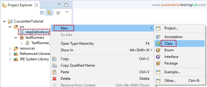 Select New - Class to add a new cucumber step definition class