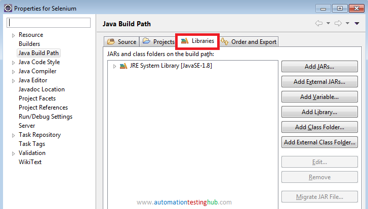 Eclipse Properties window - Libraries tab