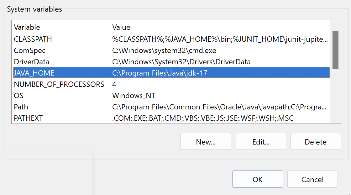 JAVA_HOME variable added to System variables