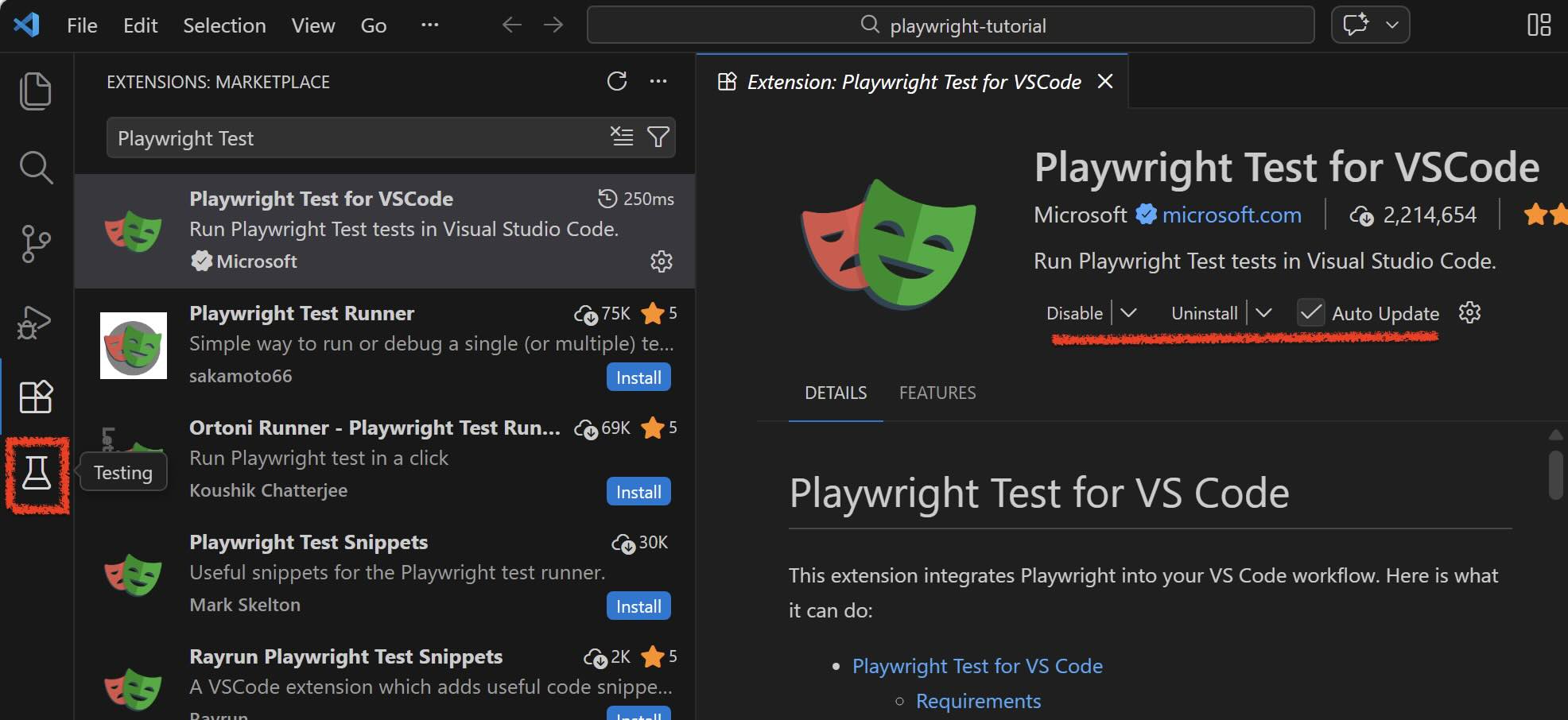 playwright test extension installed and testing (beaker) icon displayed