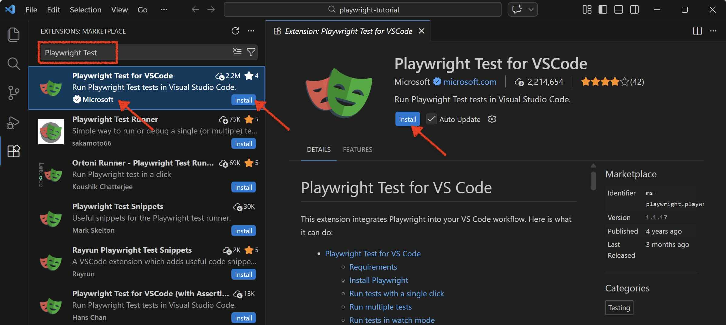 playwright test for vscode extension from Microsoft