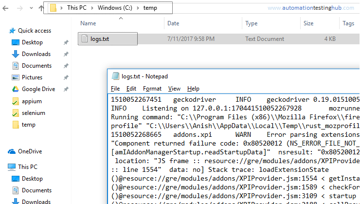 Geckodriver logs redirected to text file