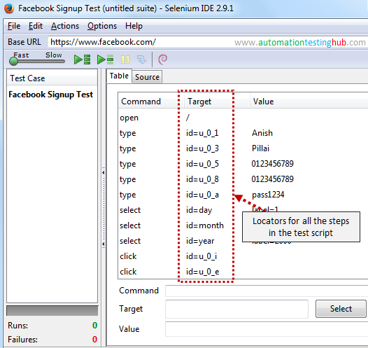 Selenium IDE locators used in first Selenium IDE test script