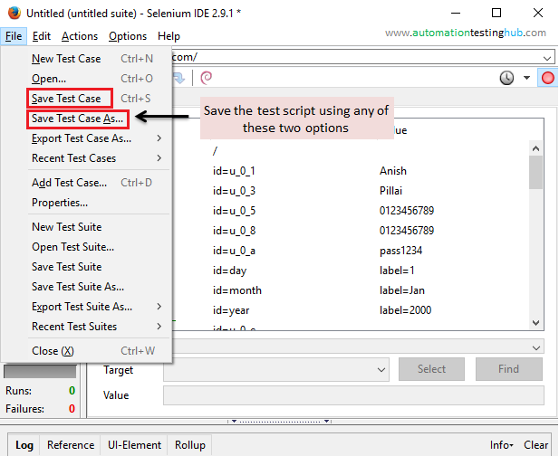 Selenium IDE First Test Script - Save Script Option