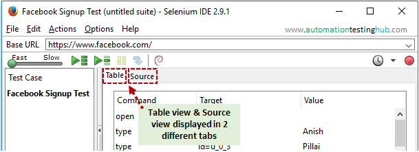 Table and Source view tabs - Selenium IDE