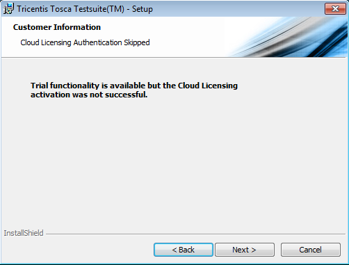Tosca Install - Cloud Licensing Authentication Skipped