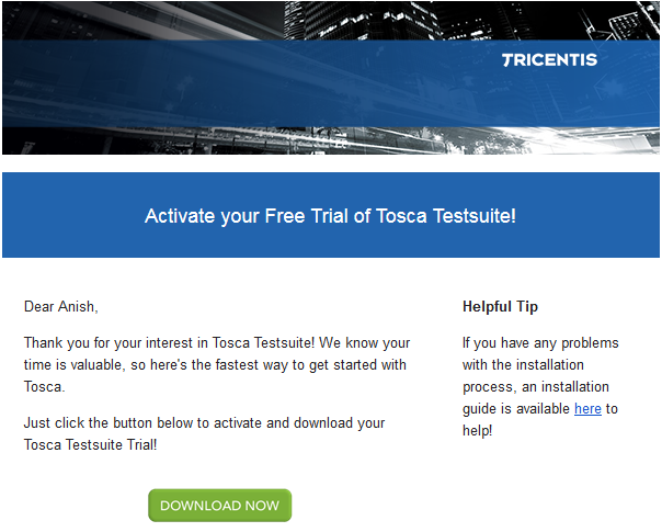 Tosca Download - Email from Tricentis